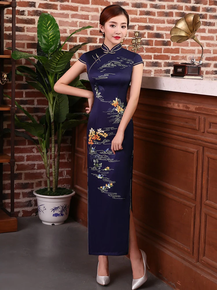 

New Chinese Sle Reformed Young Mom ow Dr Daily Wear Spring Season Low Slit Long Qipao Floral Pattern
