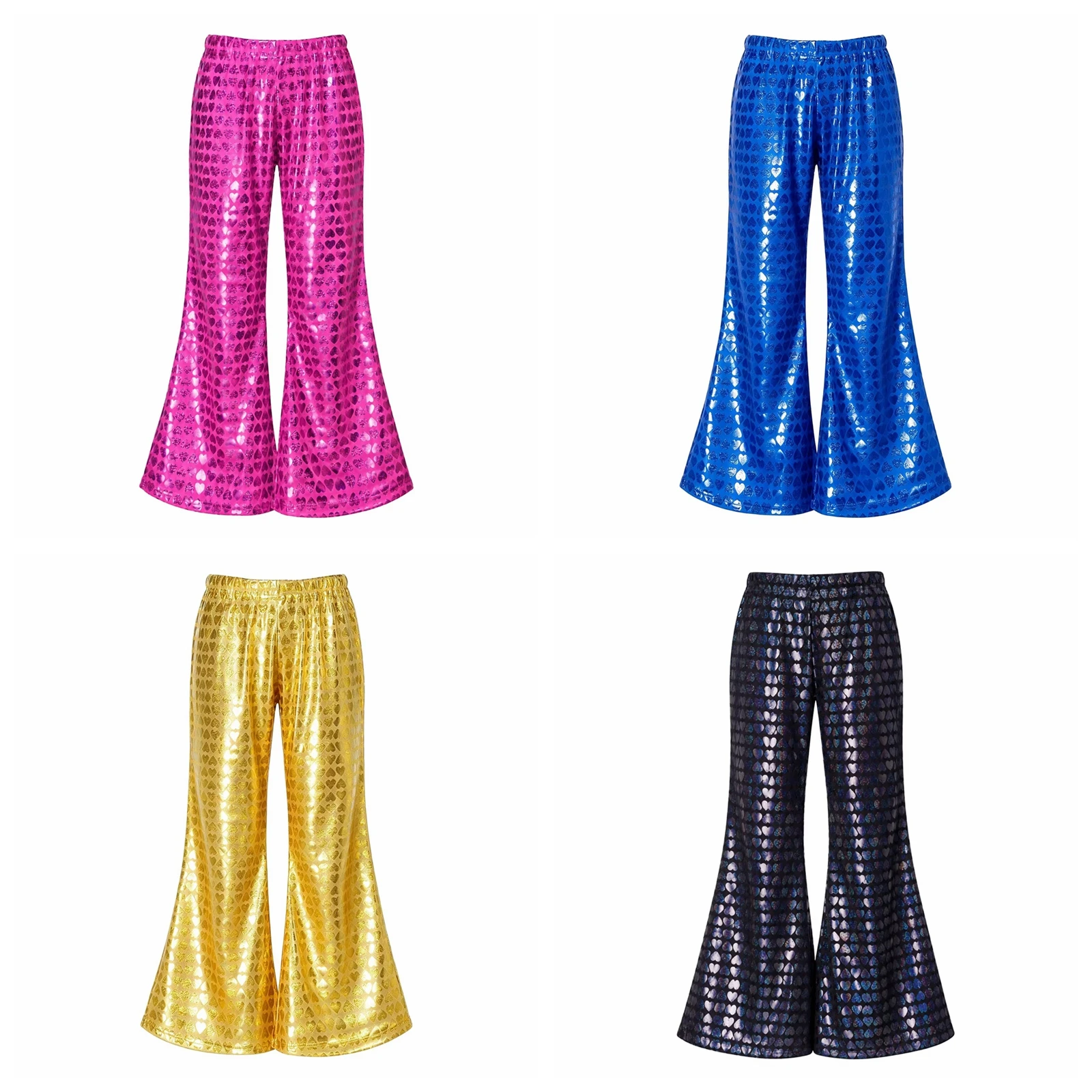 Children's Hip Hop Trousers Streetwear Metallic Flared Pants Jazz Dance Costume Boys Girls Fashion 70s Disco Outfit Kids Flares