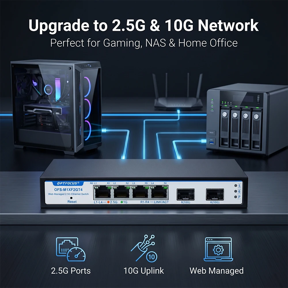 

Коммутатор OPTFOCUS 2.5Gb L2 с управлением, 4 порта RJ45, гигабитный сетевой коммутатор, 2 порта SFP 10Gb, VLAN, Ethernet-хаб