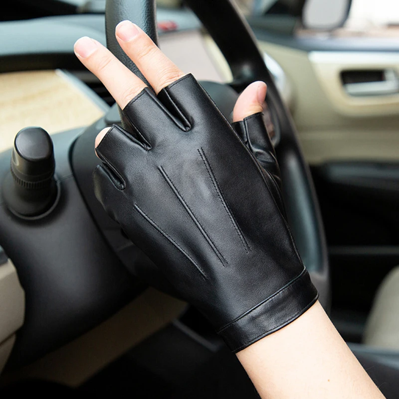 Real Leather Semi-Finger Gloves Male Spring Autumn Driving Fingerless Fitness Locomotive Sheepskin Men Gloves YSM0015