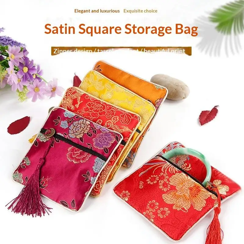 Vintage Chinese Brocade Embroidery Storage Bag Square Tassel Zipper Portable for Travel Jewelry Small Item Organization