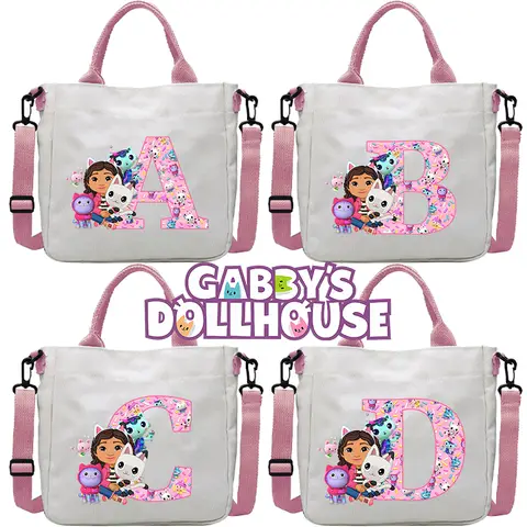 Gabby Dollhouses, bolso de hombro para niñas, bolso de lona de gran capacidad con letras de dibujos animados, bolsos de mano, bolso cruzado de Anime, regalos para niños