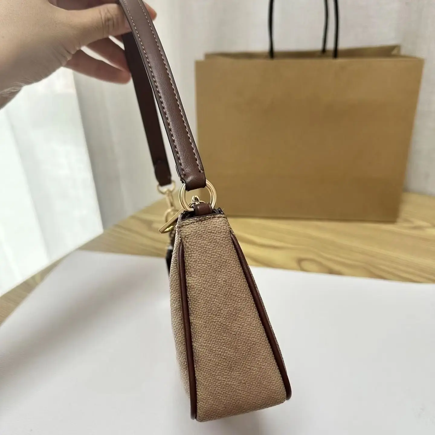 Linen Contrast Vachetta Leather Mini Shoulder Bag, Zip Closure Adjustable Thin Top Handle Purse, Luxury Designer Inspired Vintage Neutral Women Daily Handbag