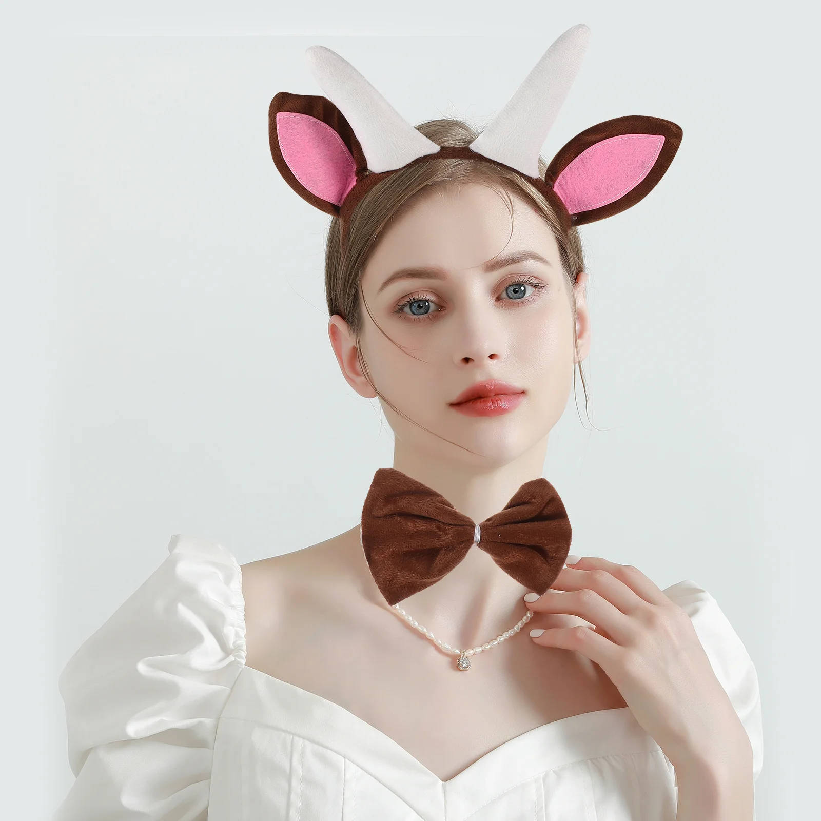 Set di orecchie e coda di capra per Halloween, Natale, costume cosplay, fascia per capelli, girocollo, decorazione, accessorio per foto di feste