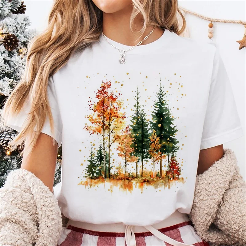 Clothing Casual Autumn T-Shirt Short Sleeved Women's New 90s Printed Fun Watercolor Forest Pattern Cartoon Trendy White T-Shirt