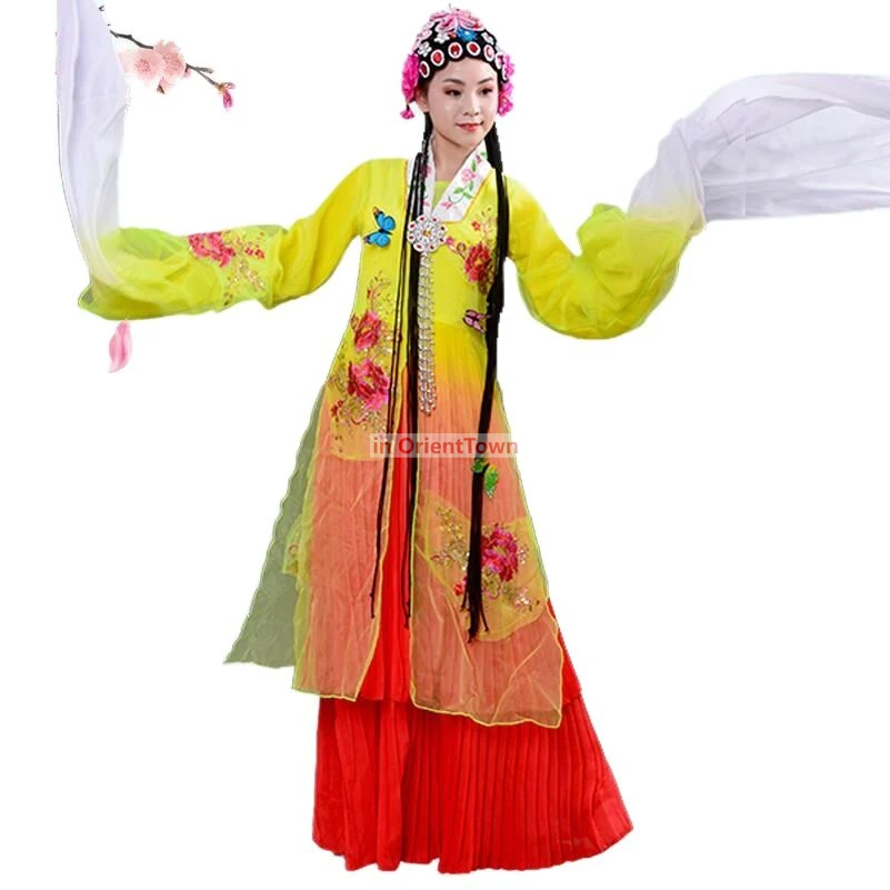 Chinese Long Sleeve Stage Wear Peking Opera Dance Costume Classical National Clothing Flower Pattern Ancient Style Women Dress