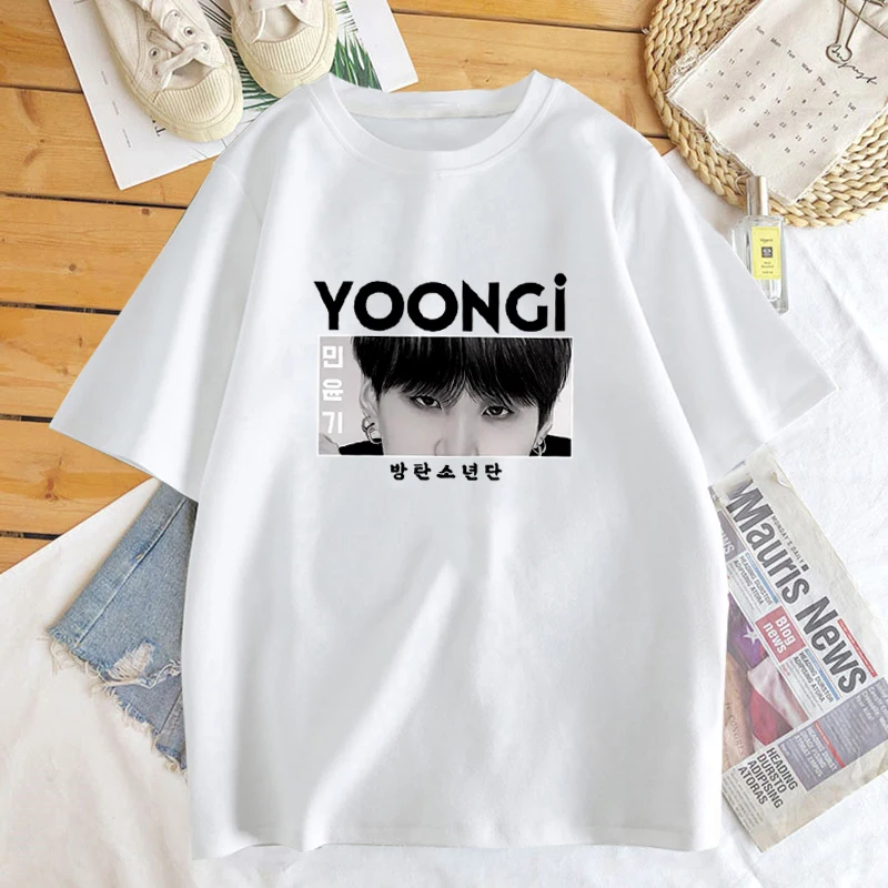 Camiseta de Manga corta de algodón para mujer, ropa de calle Coreana de moda, blusa de Manga corta con estampado de Yoongi, Tops Kpop de verano