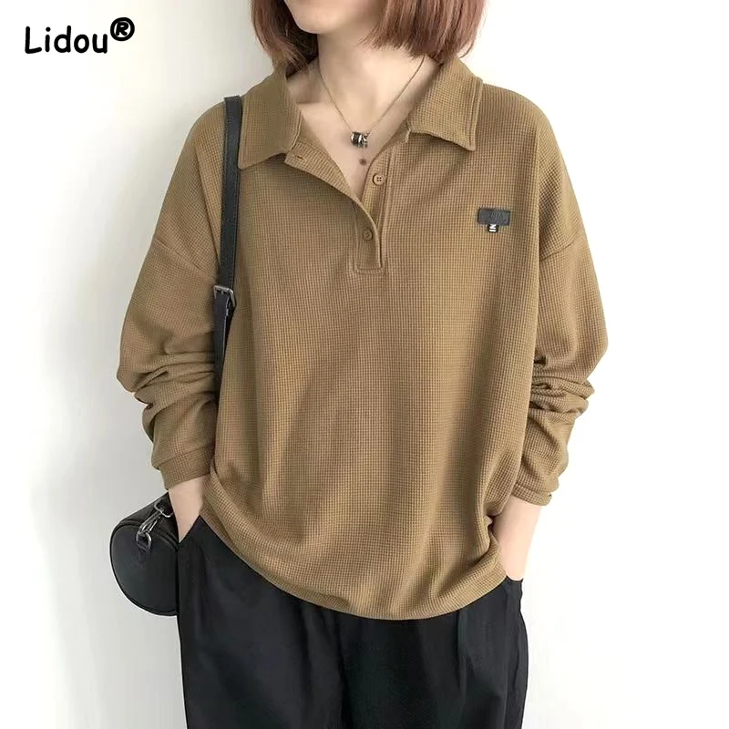 Street Casual Loose Autumn Winter Solid Sweatshirts Button Turn-down Collar Women\'s Clothing Pullovers Thin Simple Popularity