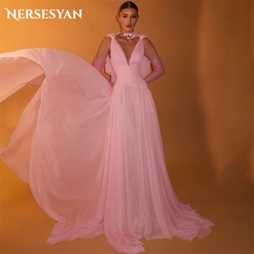 

Nersesyan Pink Luxury Prom Dresses Beading Chiffon Pleats V Neck A Line Ball Gowns Backless Sleeveless Formal Dress Customized