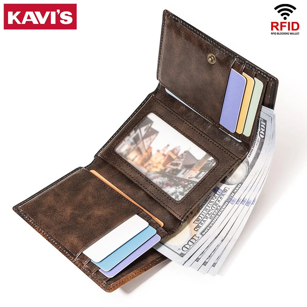 

KAVIS 100%Genuine Leather Wallet for Men Trifold Credit Card Holder Slim Durable Purse with Fashion ID Window Male Front Pocket