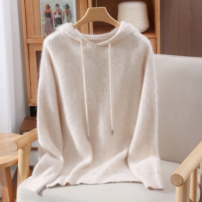 Ladies Fluffy Hood Pullover 100% Mink Cashmere Sweater Drawstring Hood Detail Long Sleeve Petal Fluid Noble Unrushed Knit Top