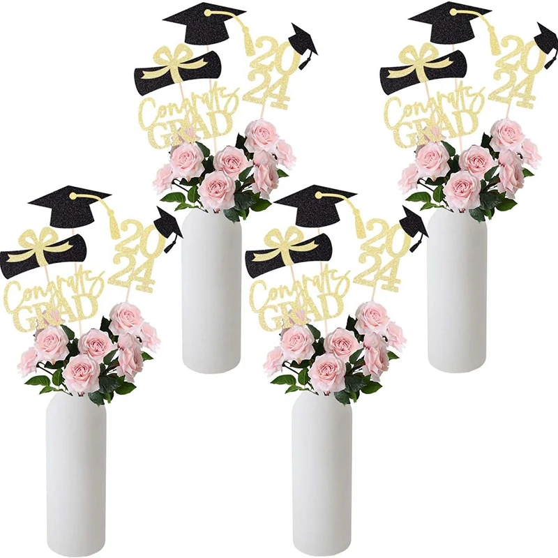 Graduation Decoration Class of 2024 16 PCS Gold and Black Double Sided Sparkling Graduation Centerpieces Sticks for Table