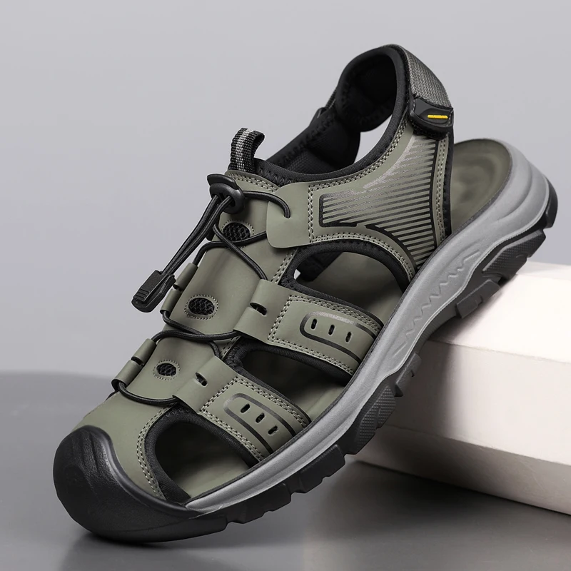 

Летние мужские сандалии из натуральной кожи, классические дышащие сандалии без шнуровки, мужские повседневные пляжные сандалии, кроссовки