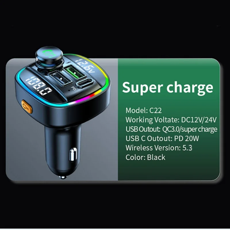 Bluetooth 5.3. FM Transmitter Handsfree Car Radio Modulator MP3 Player With 22.5W USB Super Quick Charge Adapter for Car