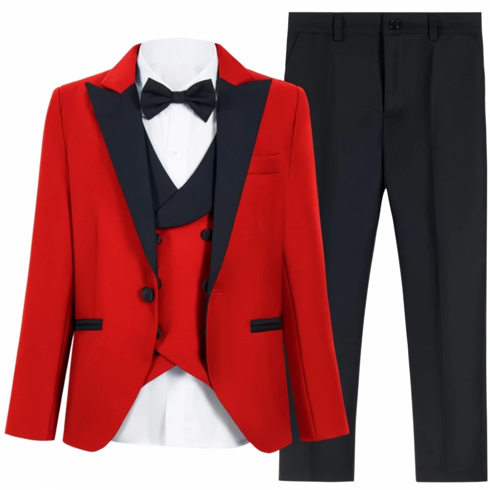 

Elegant Peak Lapel Children's Fashionable Suit Set 4 Pieces 3-14T High Quality Long Sleeved Boys Suits Stage Performance Wear