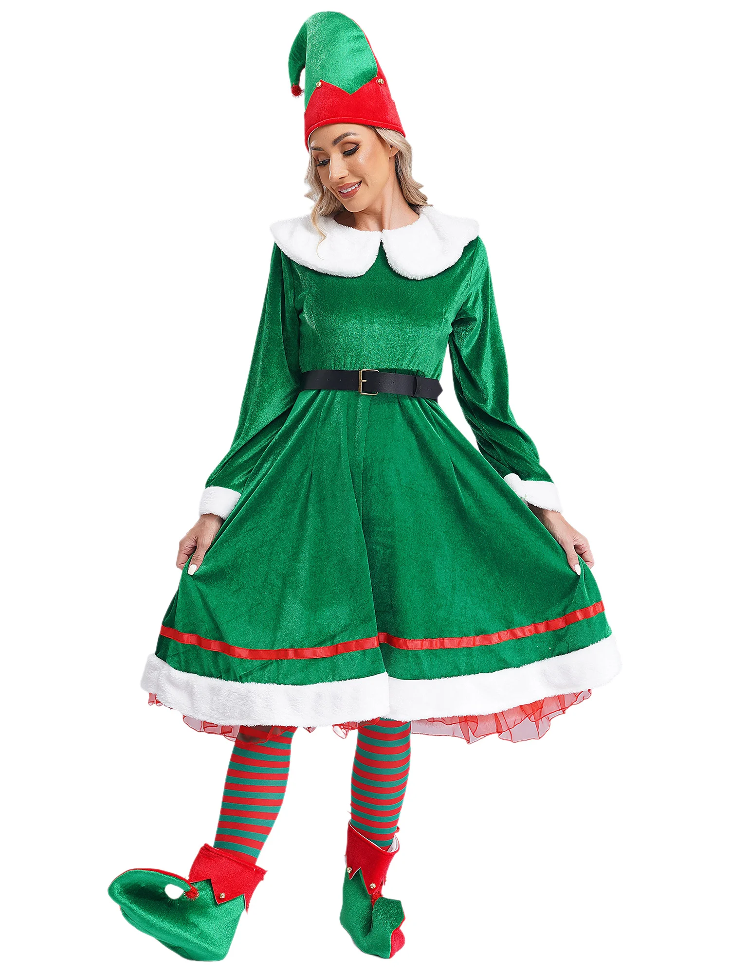 Disfraz de elfo de Navidad para mujer, disfraz de ayudante de Papá Noel, vestido de franela de manga larga, conjunto de Cosplay, traje de terciopelo para fiesta navideña, 5 uds.