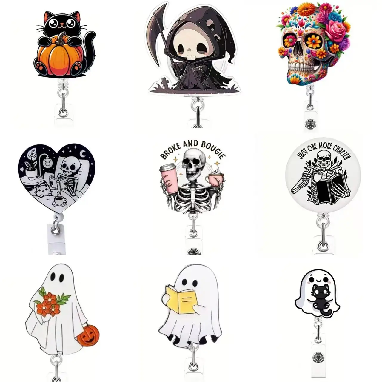 قطعة واحدة من بكرة شارة الهالوين القابلة للسحب مع مشبك معدني - حبل انفصال 24 بوصة، 360 درجة °   خطاف دوار للمكتب/الشركات