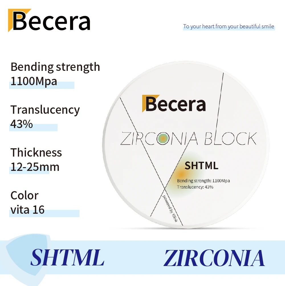 Becera Dental SHT Mutilayer Zirconia Block 1100Mpa Vita 16 Color Gradient Materials for Implant And Bridges Open Cad Cam System