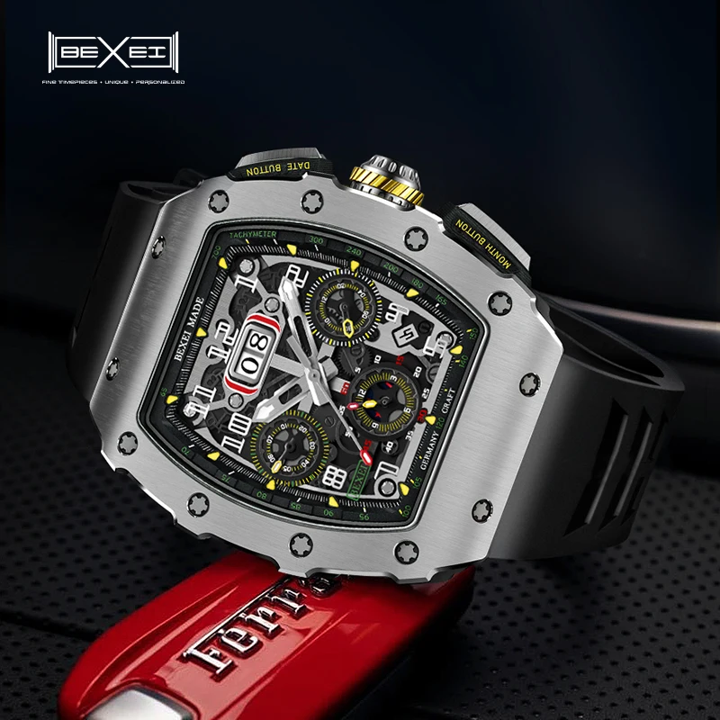 BEXEI 9032   Automatic mechanical movement Fashion  Luxury watch for men skeleton synthetic sapphire waterproof   Reserve 45H