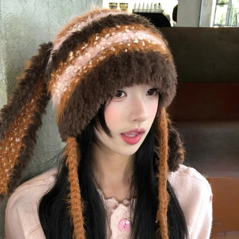 جديد Y2K مضحك آذان أرنب أفخم بيني للنساء الخريف الشتاء الدافئة تنوعا المتناقضة اللون مخطط بلوفر مغزول القبعات