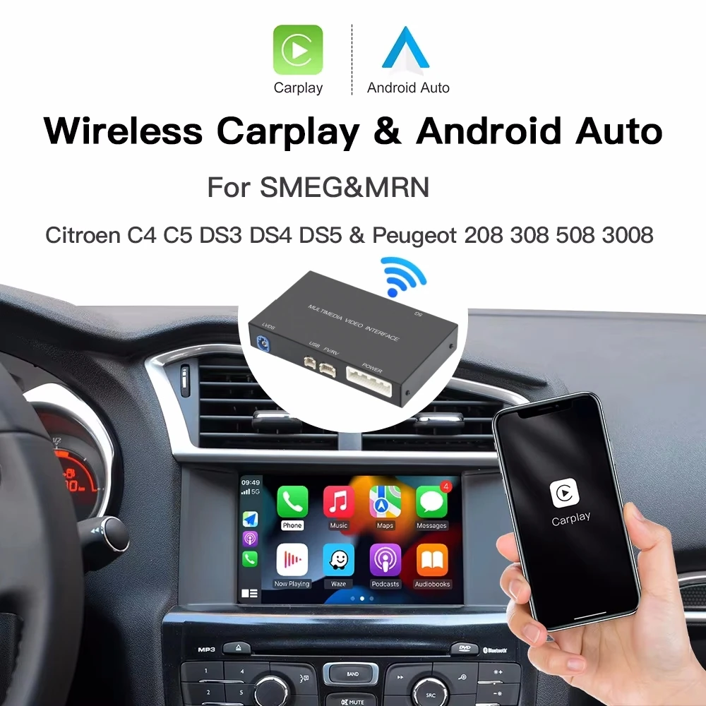 Kabelloses Carplay Android Auto KIT für Cristaux SMEG Picasso C4 C5 DS4 DS3 DS5 308 508 5008 3008 Zubehör Multimedia für Peugeot/Citroen 2013 2014 2015 2016 2017 2018, 7-Zoll-Bildschirm,