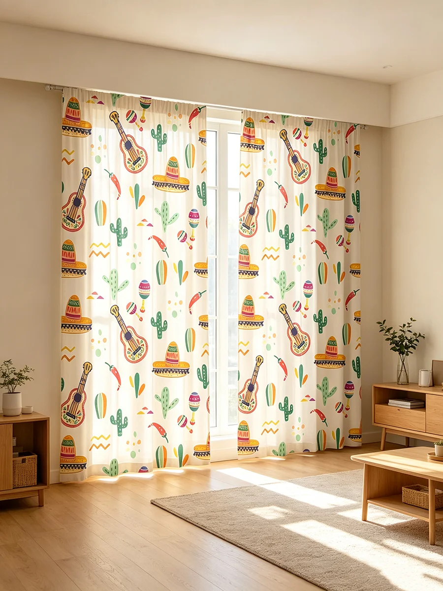 2PCS Digital Printed Curtains, Mexican Cactus Guitar Sombrero Pattern, Fiesta Carnival Holiday Style for Living Room Bedroom Hom