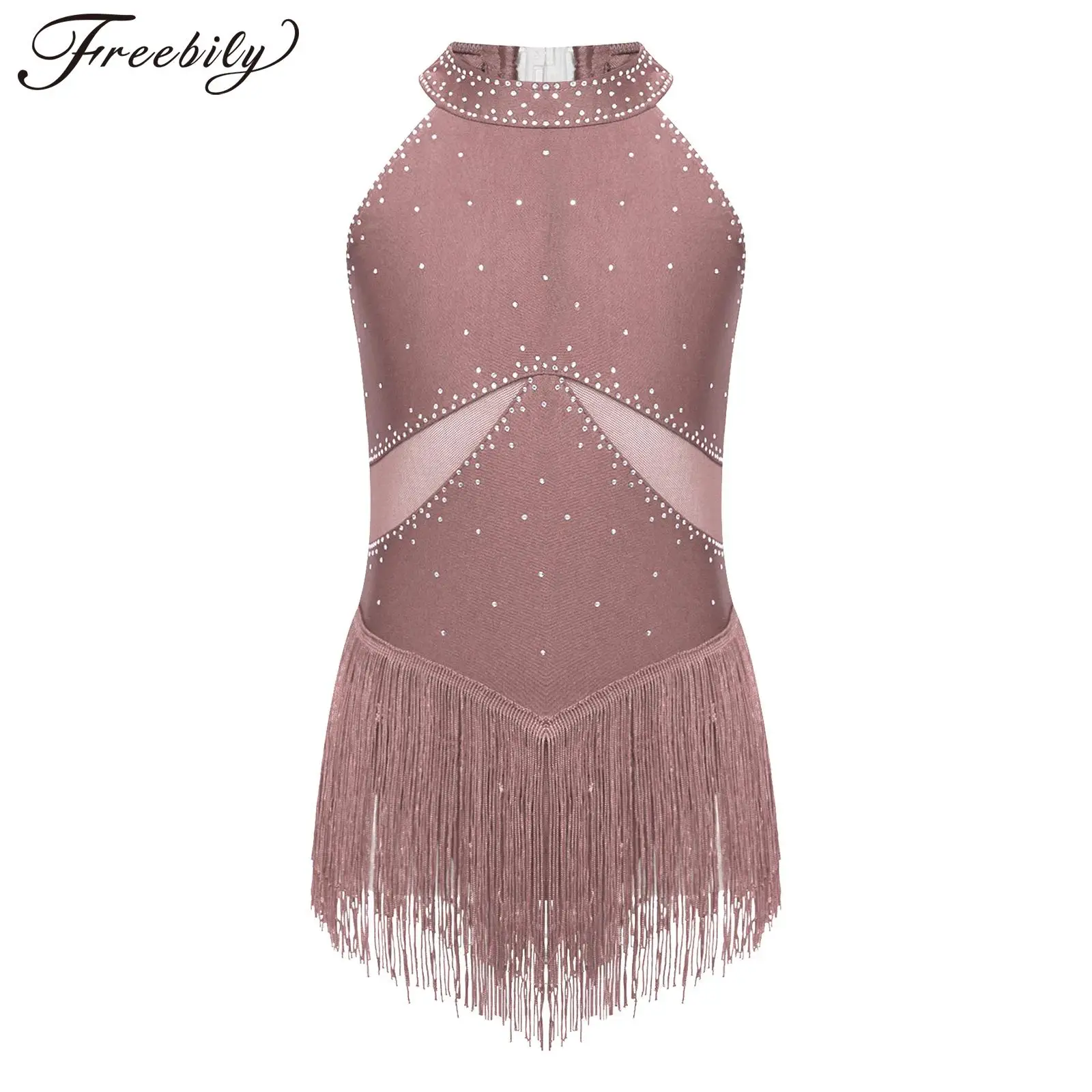 

Kids Girls Rhinestones Fringed Ballet Gymnastics Leotard Bodysuit Mesh Splice Tassel Figure Skating Dancing Performance Costume