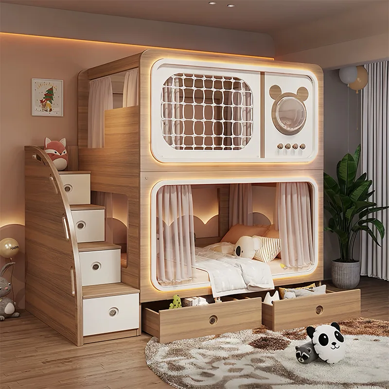 ！@Log-colored Kids Bunk Bed, Twin-over-Twin Bed for Small Spaces, Parent-child Bunk Bed for Children