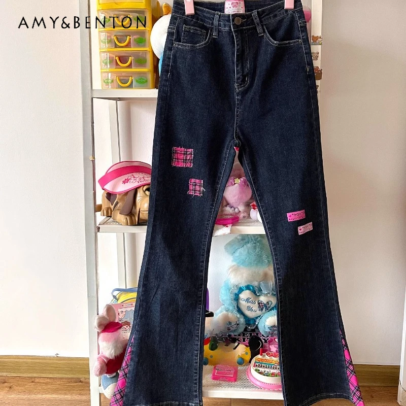 

Original Design Y2K Splicing Plaid Women's Jeans 2025 Spring Autumn New Japanese Hot Girl Versatile Slimming Flared Pants Ladies