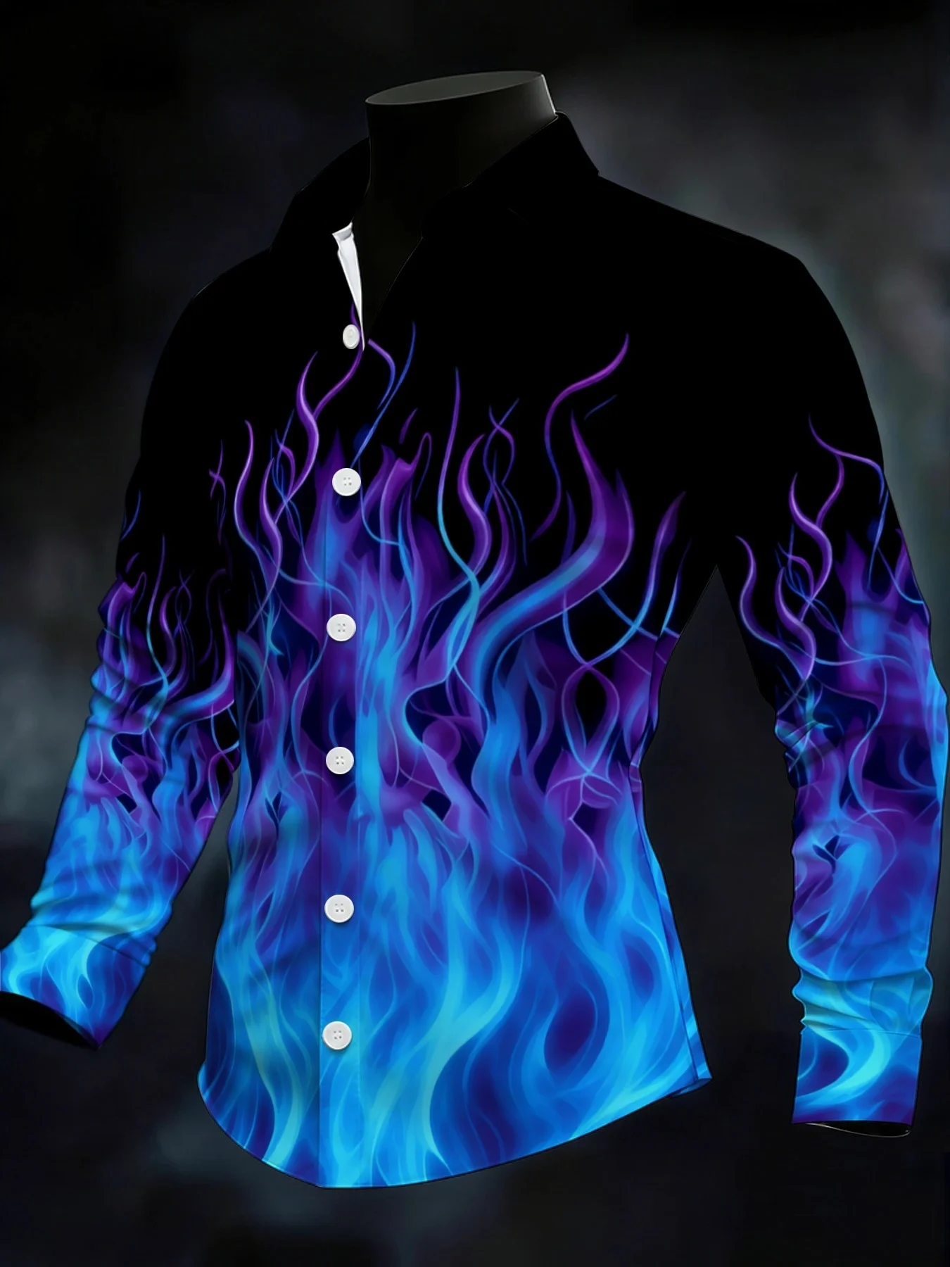 Men Long Sleeve Button Down Shirt Black‑Blue Purple Flame Print Polyester Lapel Collar Gothic Party
