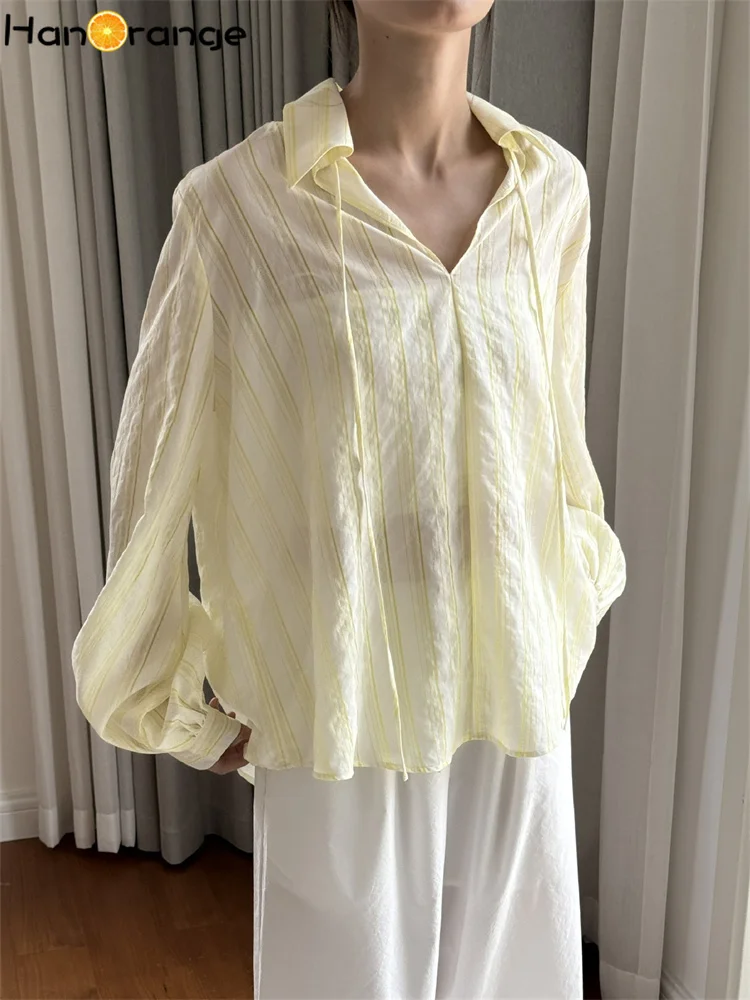 HanOrange 2024 Summer Cool Striped Shirt Women Lightweight Draping Comfortable Breathable Casual Top Yellow White/Blue Green