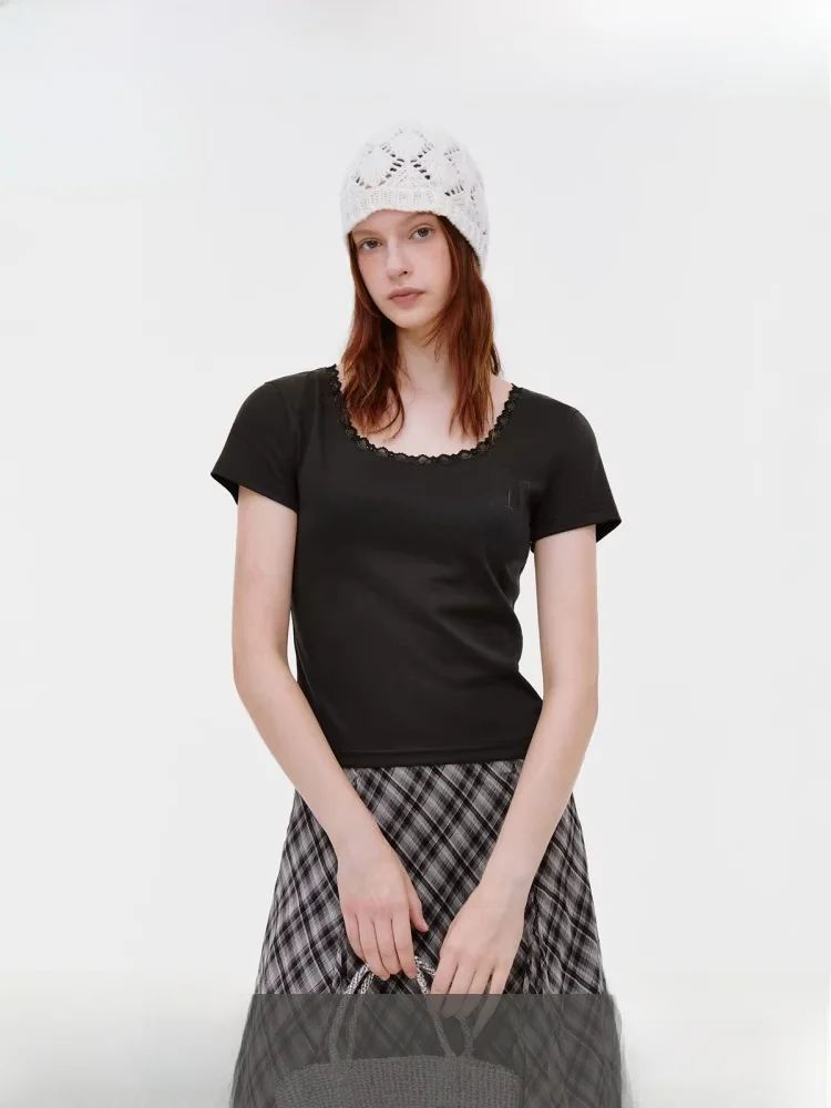 

Fano Slim Fit T-irt Women's round Ne Print Patchwork Lace Trim U-Ne Letter Print Summer Casual Korean Sle Top