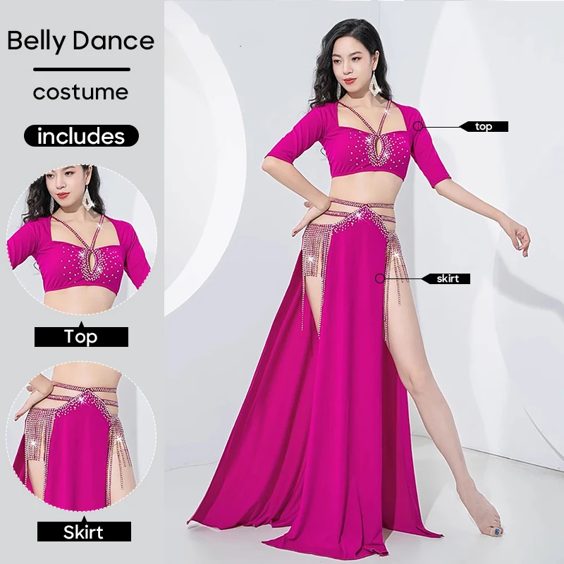 

Belly Dance Costume Top & Skirt Double Slit Tassels Dress For Adult Women for Stage Performance Personal Practice Clothes Outfit