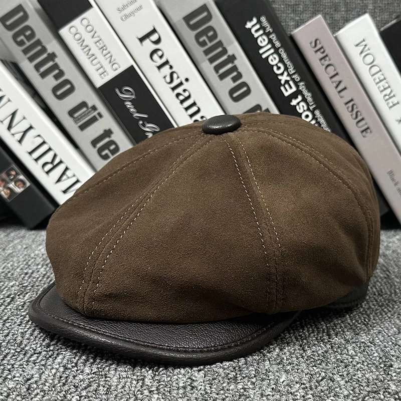 BOONJOVI  Real leather newsboy hat for men's wear, genuine velvet, Irish taxi driver driving style flat cap