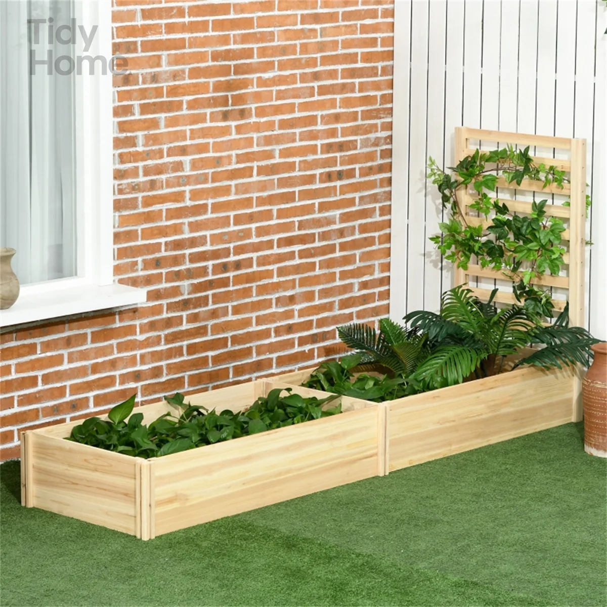 

Outsunny Raised Garden Bed with Trellis and 2 Compartments, 43 Inch Wooden Planter Box Kit for Outdoor Plants,Vegetables, Flower