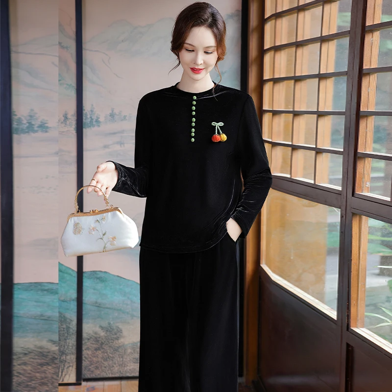 

Ele Velvet Set Autumn Faion Women's Mid-Aged And ly Basic Top Quali Korean Sle Loose Fit round Ne Knitwear