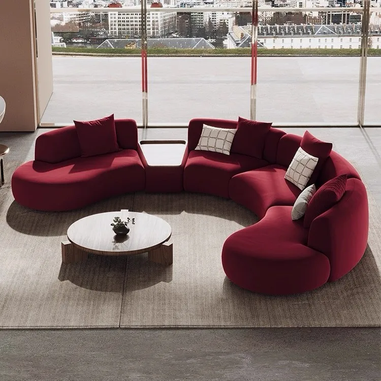 

Semicircular curved special-shaped sofa sitting area reception burgundy hotel lobby beauty salon office business meeting