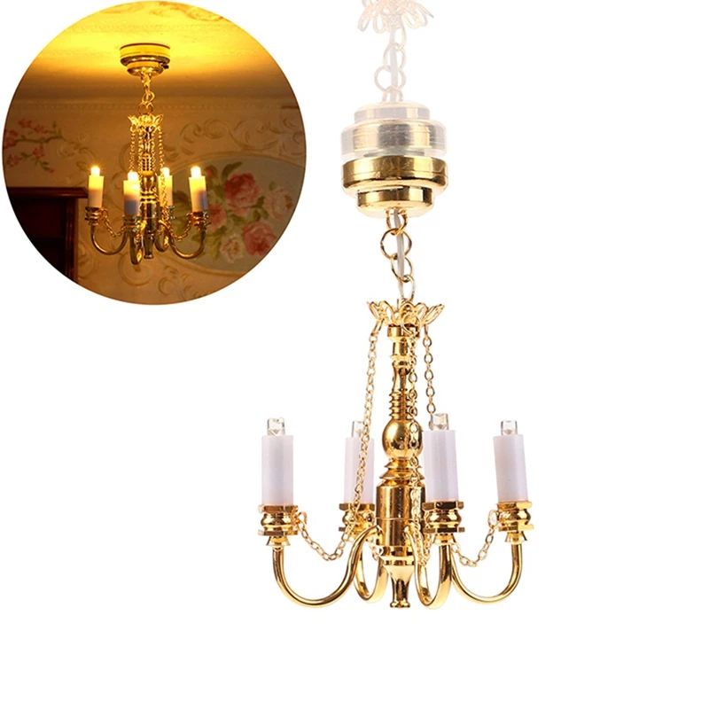 1 Piece 1:12 Dollhouse Mini 4 Arm Ceiling Lamp Chandelier LED Lamp Dollhouse Decoration Gold