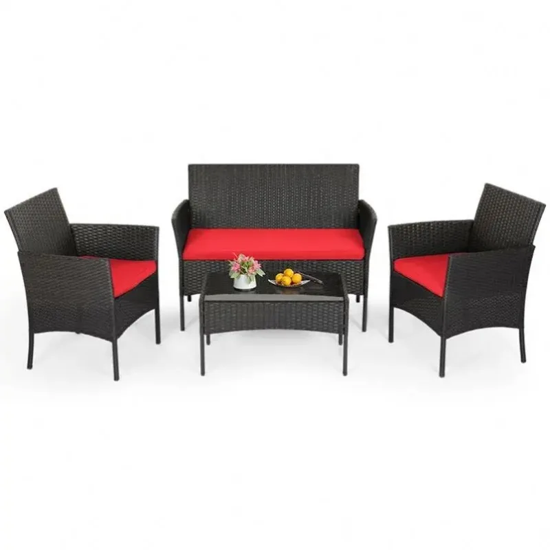 Outdoor Modern Patio Rattan Sofa Garden Furniture PE Wicker Sofa Chair and Table Outdoor Furniture Set Rattan Sofa 4 Piece Set