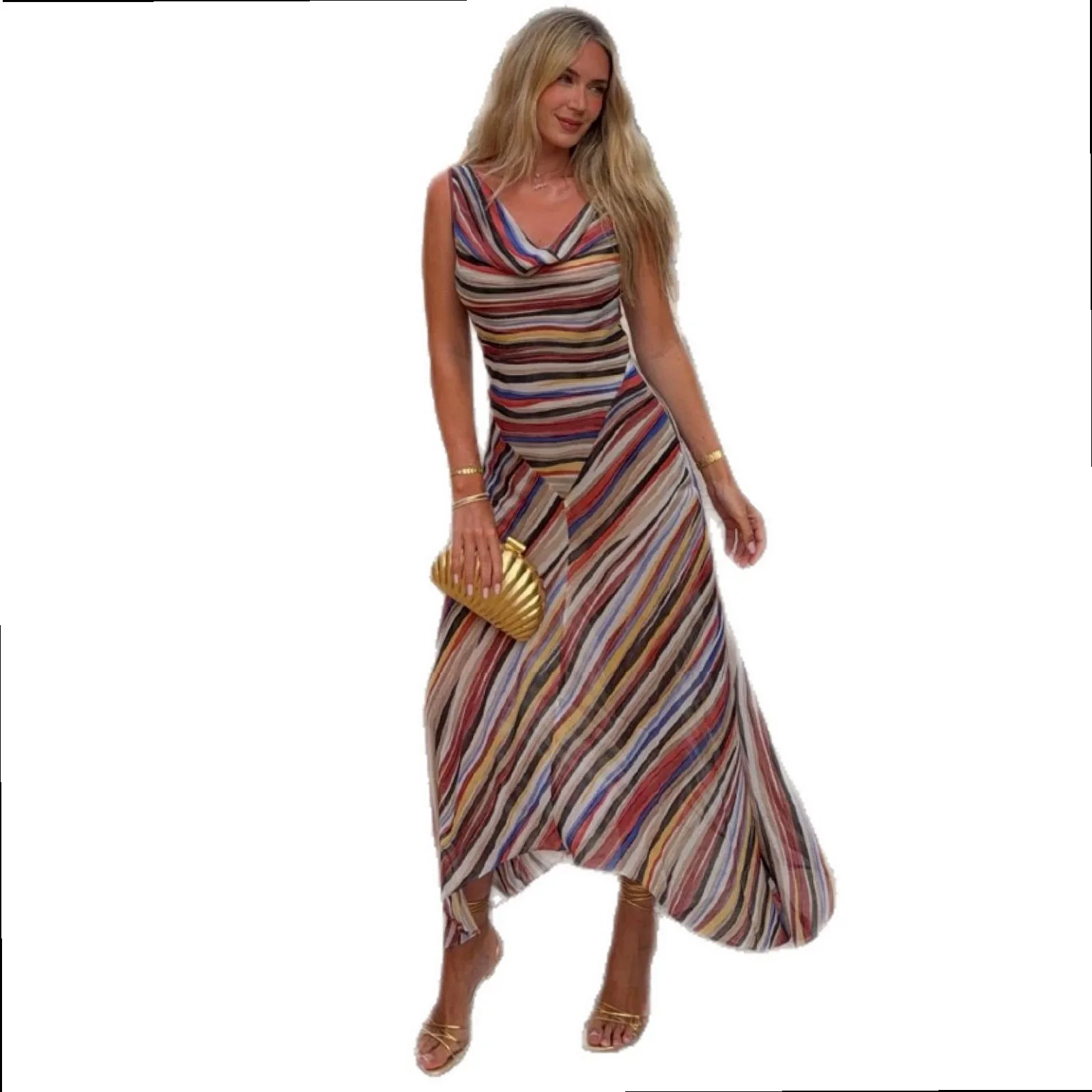 Colorblock Striped Drape Neck Sleeveless Dress Bodycon Waist Irregular Hem Long Dress Jumpsuit Playsuit for Spring Summer - view 5