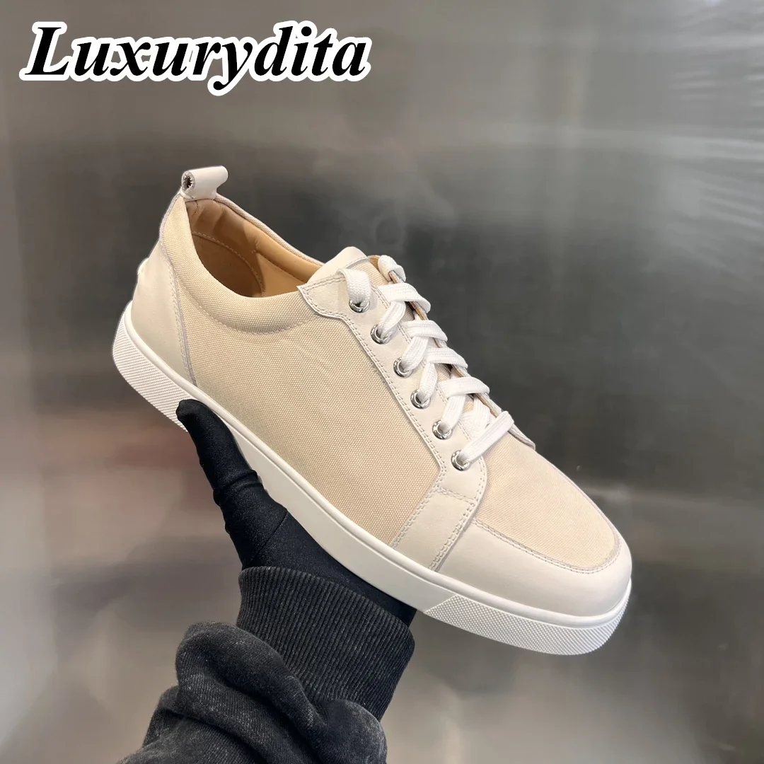 

Top Quality Womens Trendy Casual Sneakers Luxury Mens Real Leather Tennis Shoes Designr Red Sole Tide Lovers Rivet Shoes HJ0336
