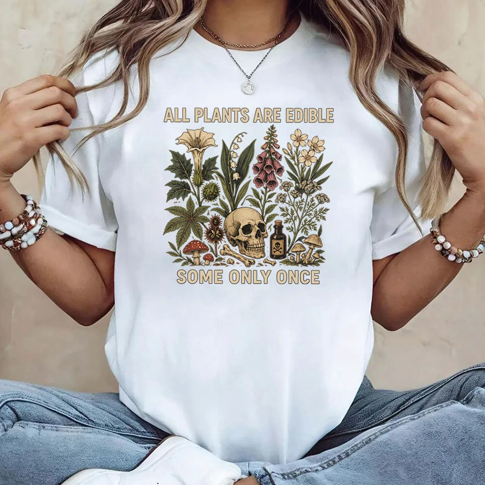 T-Shirt mit Aufschrift „Alle Pflanzen sind essbar, einige nur einmal essbar“, lustiges Garten-T-Shirt, dunkles botanisches Grafik-T-Shirt, Gothic-Shirts für Pflanzenliebhaber, Tops – Detail 7