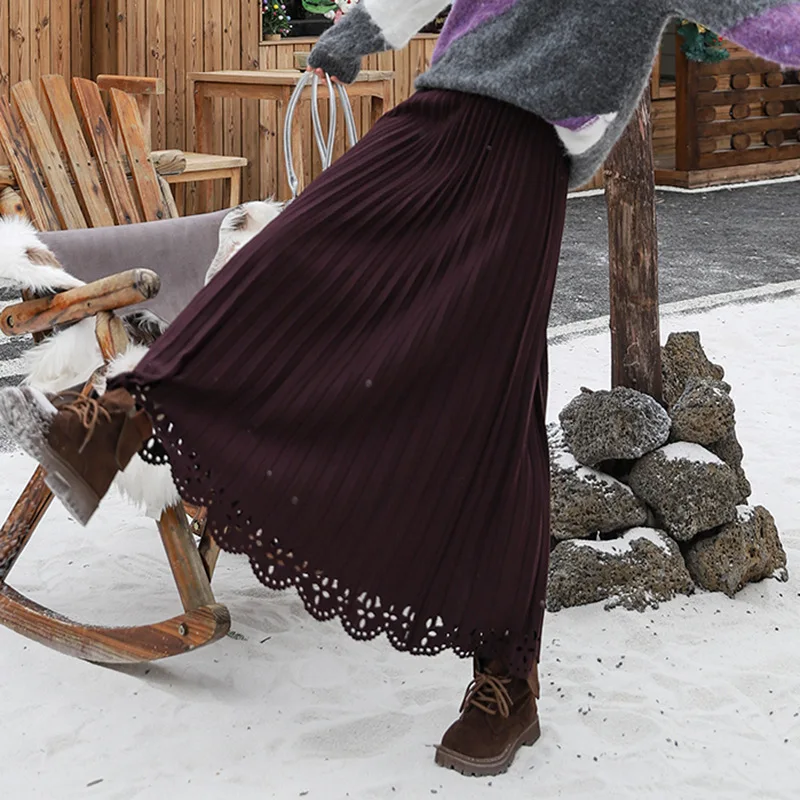 

Women'S Solid Vintage Pleated Skirt Hollow Flower A-Line Medi Long Maxi Skirt Casual Vintage Harajuku Winter Autumn Casual
