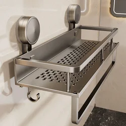 Bathroom Suction Cup Shelf with Towel Holder Bar Removable Hooks Wall Mounted No Drill Shower Bath Room Storage Rack Organizer