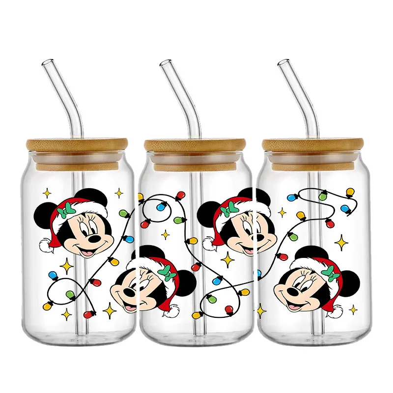 Disney Mickey Stitch Winnie UV DTF Transfer Stickers Christmas For 16OZ Glass Bottle Can Waterproof Cup Wrap Custom DIY Label