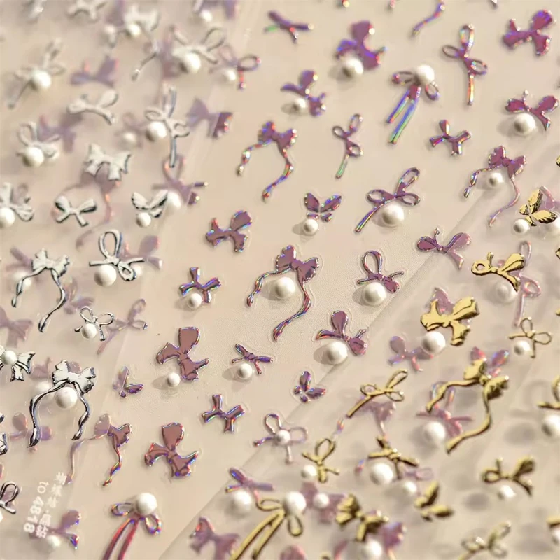 Simple Line Bowknot สีแดงทองเงินเลเซอร์สีชมพู Hot Stamping 3D Self กาวสติ๊กเกอร์เล็บเพิร์ล Rhinestone เล็บ Decals