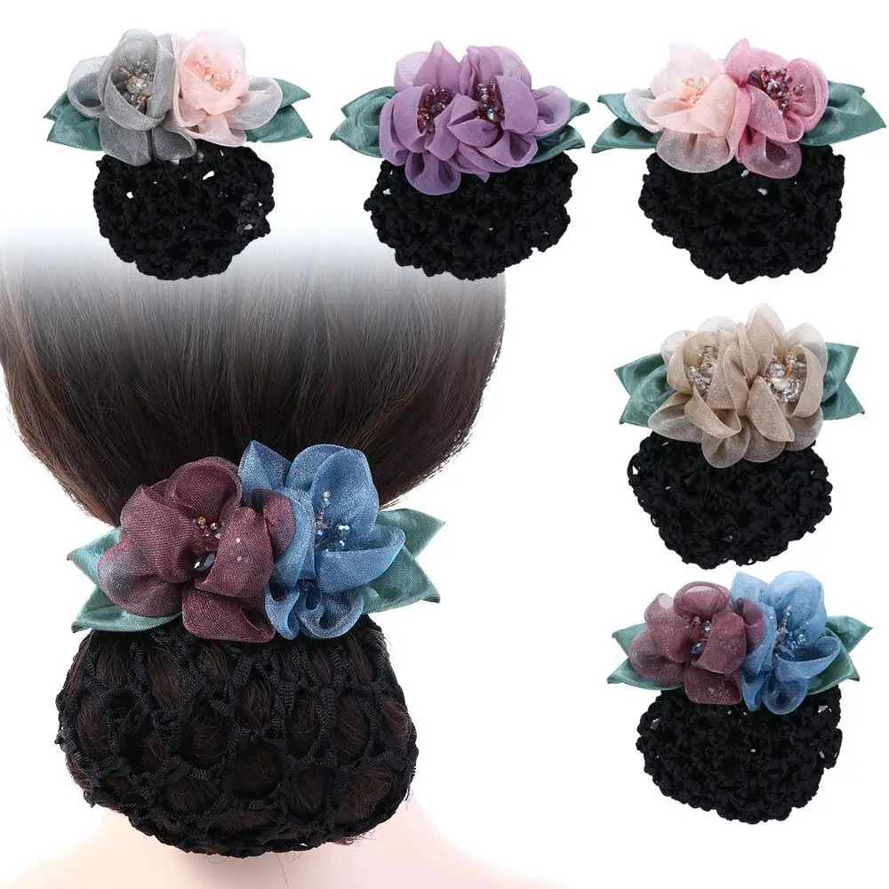 

Mother's Day Gift Nurses Crystal Crochet Bank Staff Korean Style Headdress Flower Bun Net Snood Hair Accessories Women Hairpin