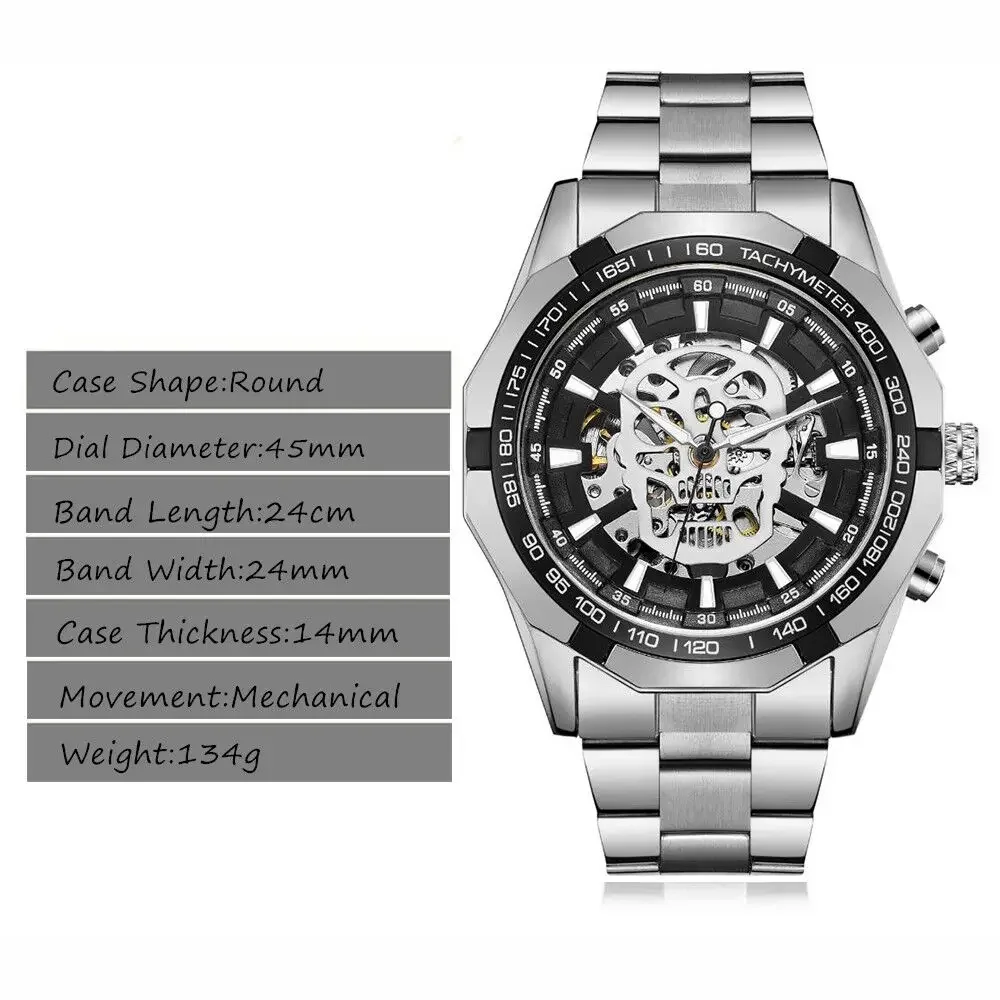 NEW WINNER Steampunk Skull Auto Mechanical Watch Men Silver Stainless Steel Strap Skeleton Dial Fashion Cool Design WristWatches