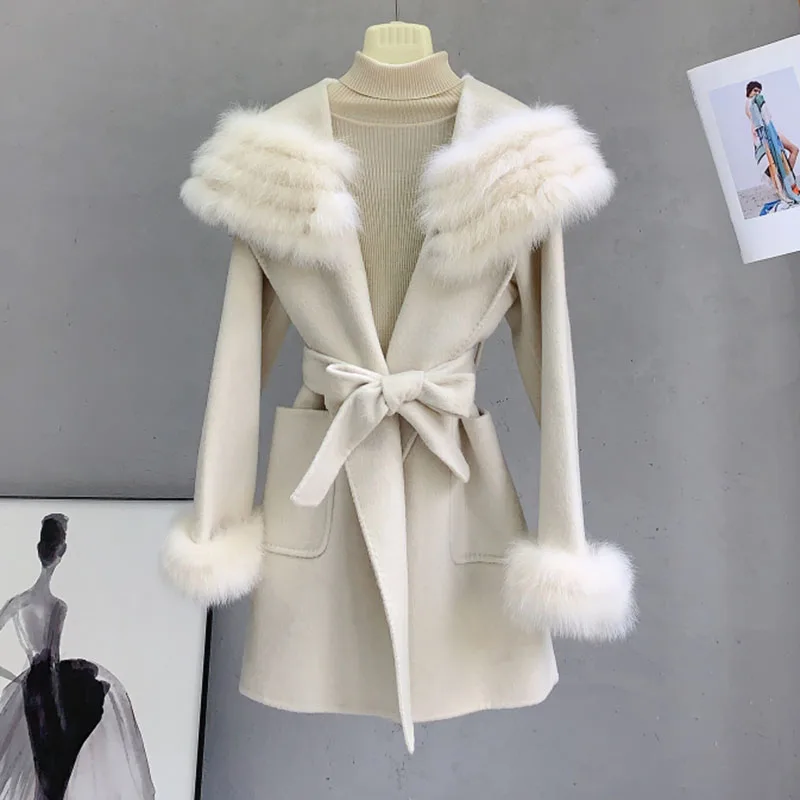 

Women Winter Loose Hooded Wool Coat With Real Fur Fashion Plus Size Woollen Jacket Outwear Female Long Sleeve Coats With Belt