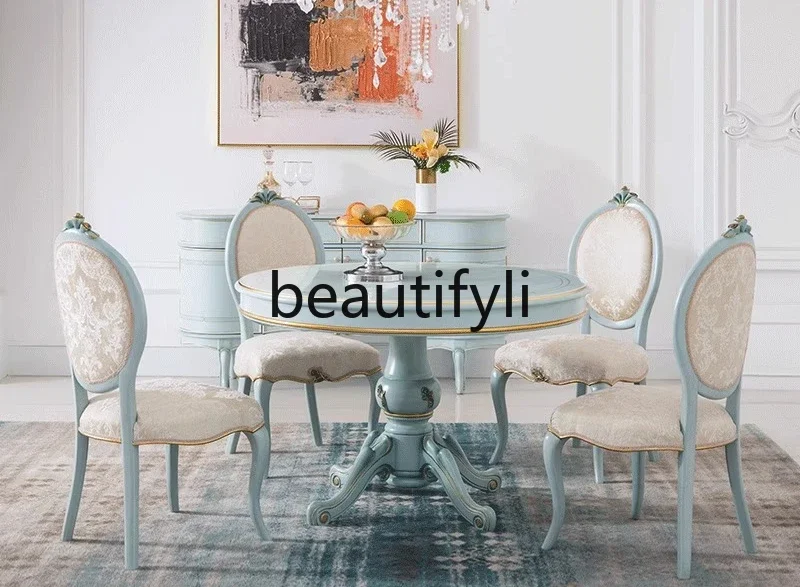 

A38 French pastoral style, dining table and chair combination, jacquard fabric, gold engraving, European style dining table